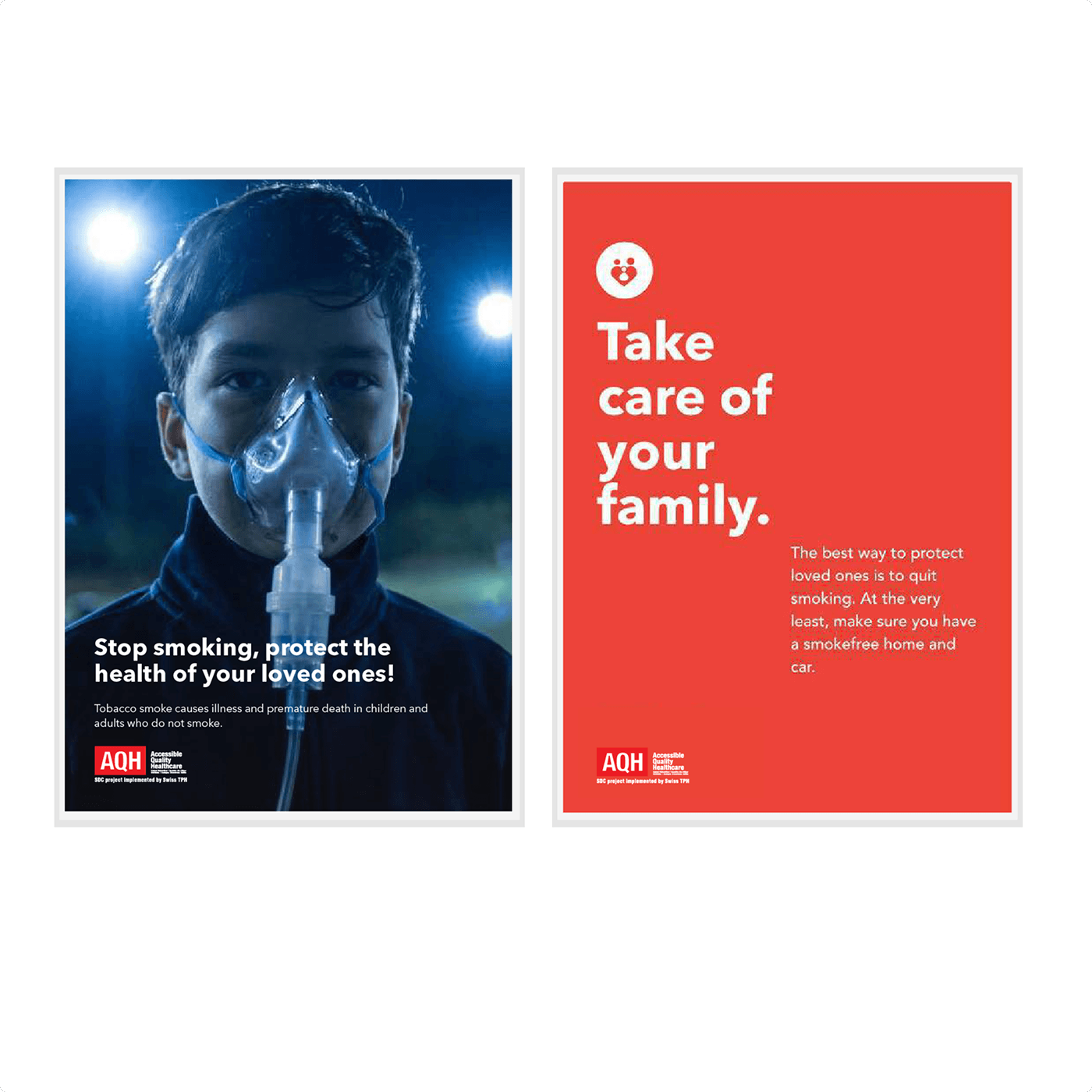 Two paired campaign posters — one with the boy in the oxygen mask, one in solid red with the headline 'Take care of your family.'