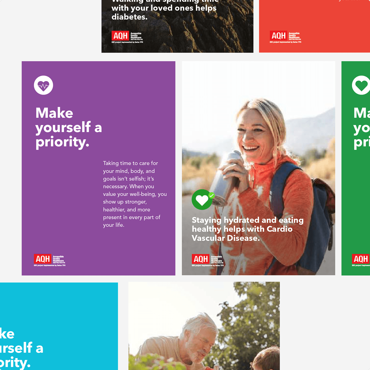 Multiple AQH campaign posters in red, purple, blue and green — each addressing a different health theme.