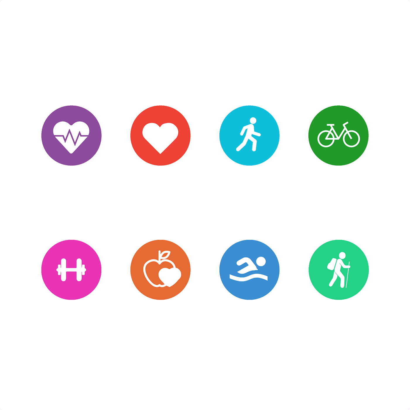 Eight coloured circular icons representing the AQH health pillars — heart rate, heart, walking, cycling, strength, nutrition, swimming, hiking.
