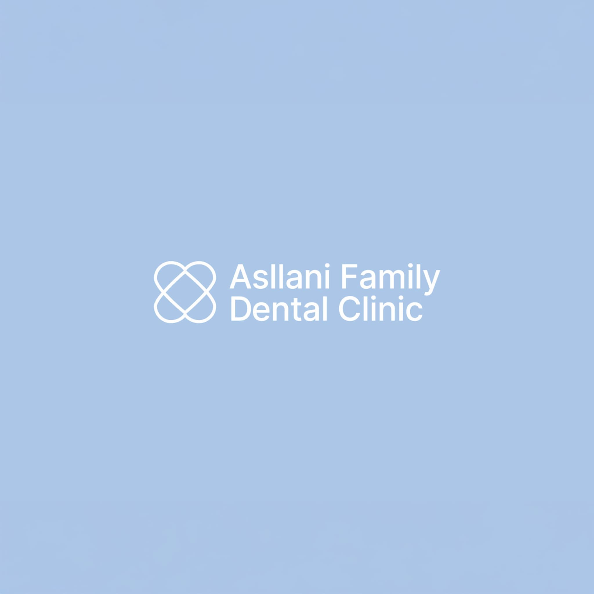 The Asllani Family Dental Clinic primary logo lockup in white on the brand's signature soft blue.