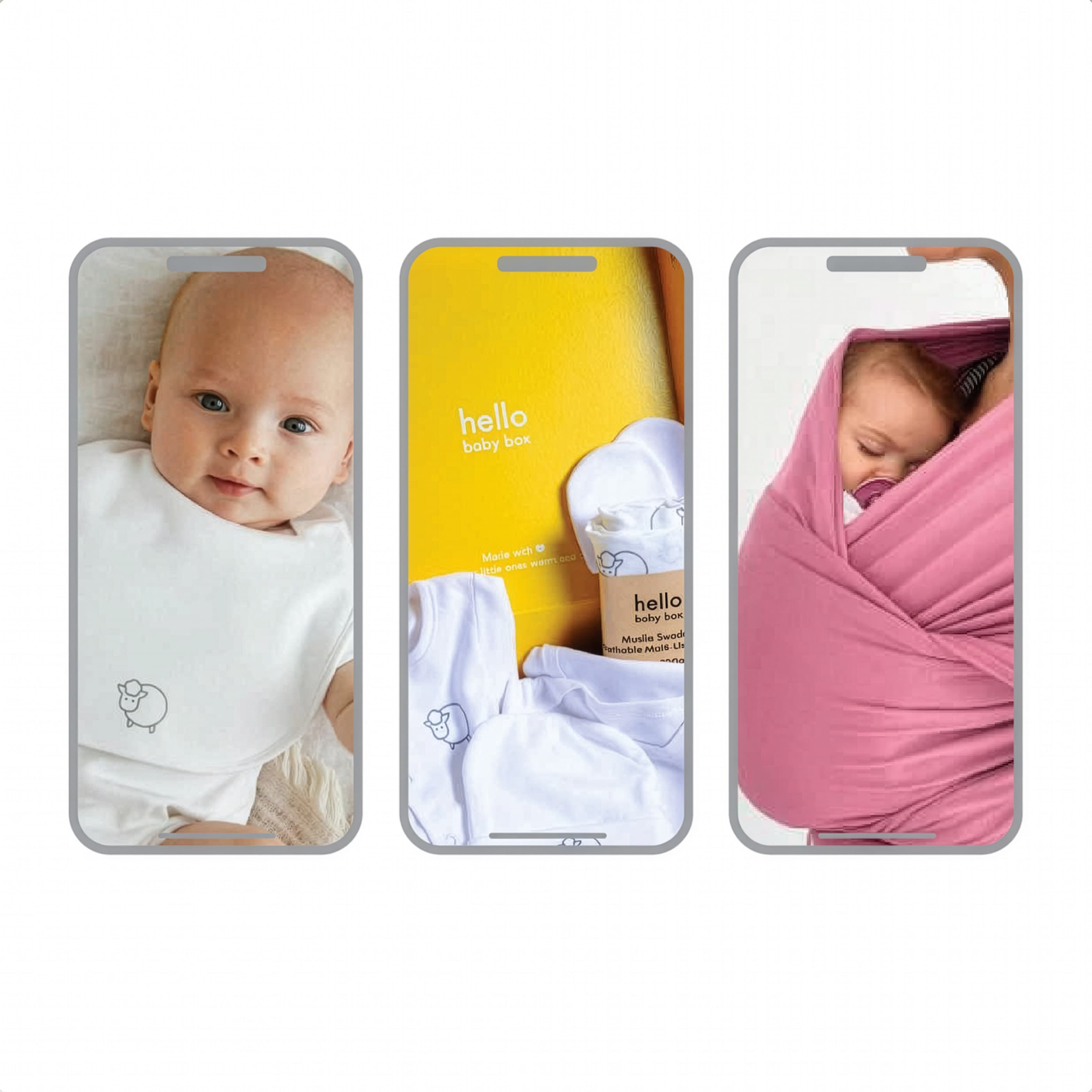 A trio of Hello Baby Box mobile screens shown side by side — a baby portrait, a yellow product page with the brand wordmark, and a sleeping newborn wrapped in pink.
