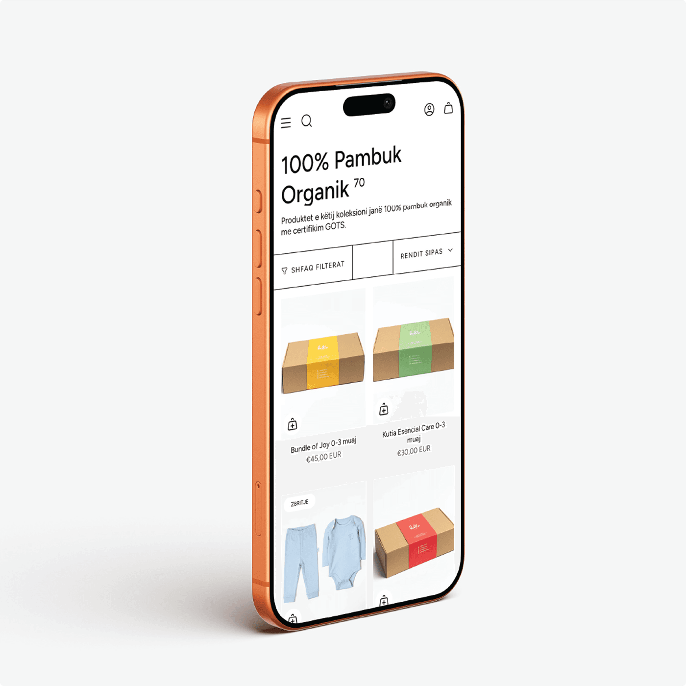 Ein iPhone zeigt eine Hello Baby Box-Produktdetailseite auf der mobilen Website — „100% Pambuk Organik" (Bio-Baumwoll-Sortiment).