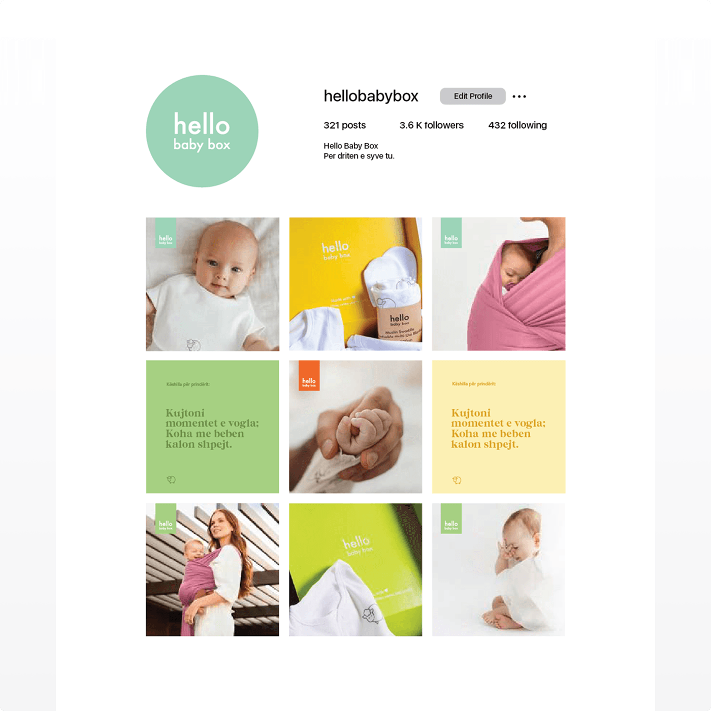 Das Hello Baby Box-Instagram-Profil-Grid — ein 3×3-Layout aus Baby-Fotografie, farbcodierten Text-Beiträgen und Produktaufnahmen.