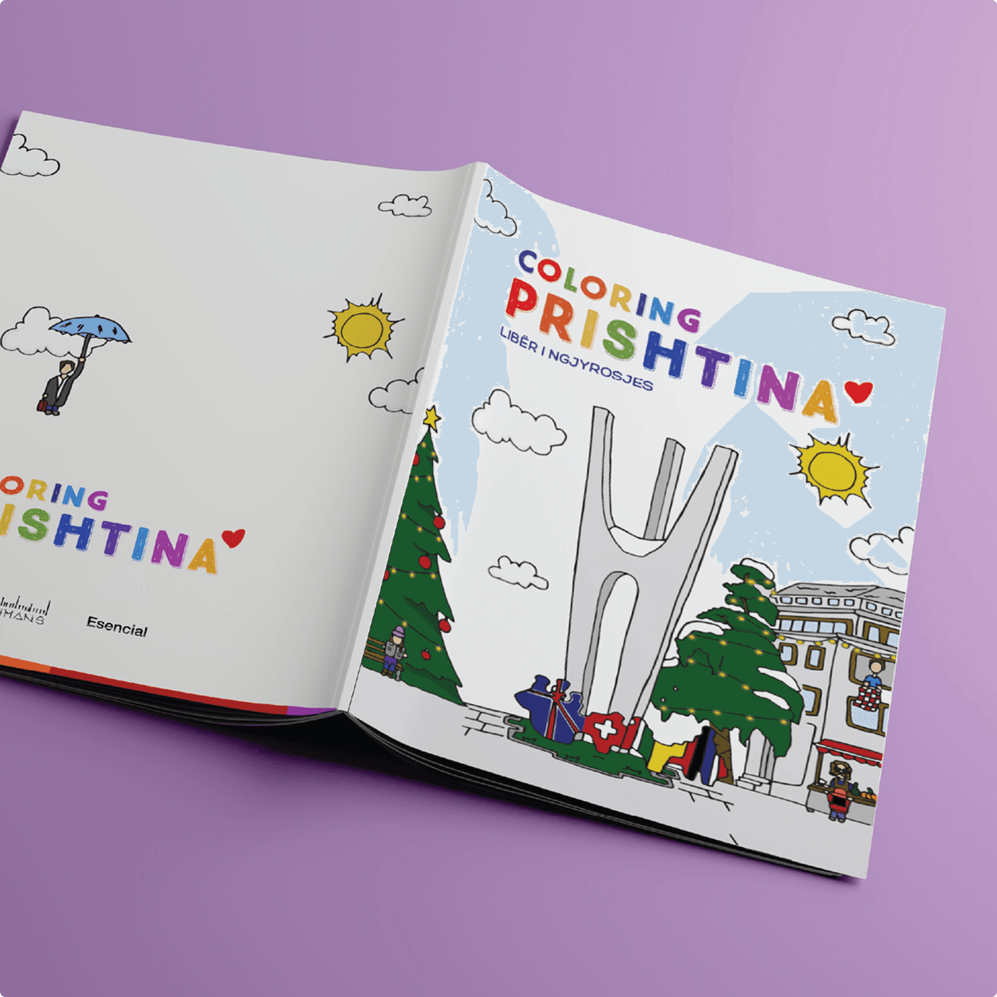 Both Coloring Prishtina copies — an open spread alongside two cover variations — photographed on a soft purple background.