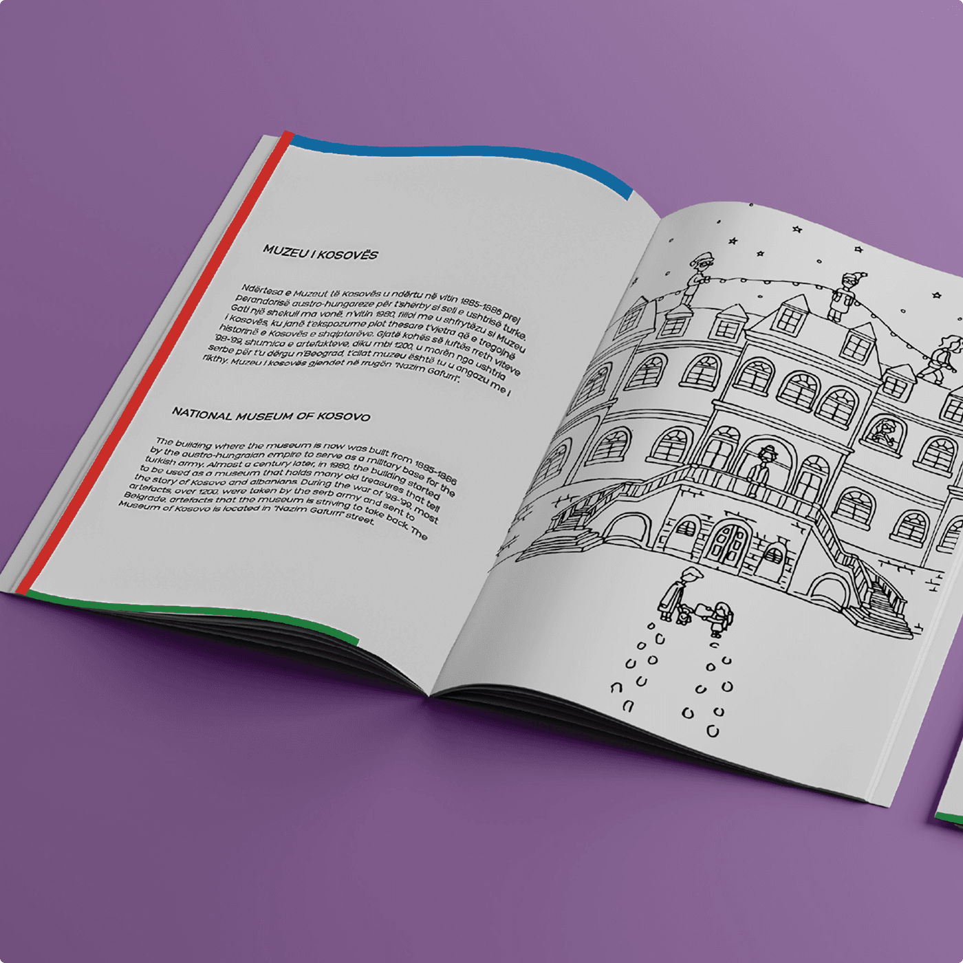 The cover of 'Coloring Prishtina' — a children's book featuring a hand-illustrated rendering of the city's iconic Y-shaped Newborn monument, surrounded by clouds, sun, and a Christmas tree.
