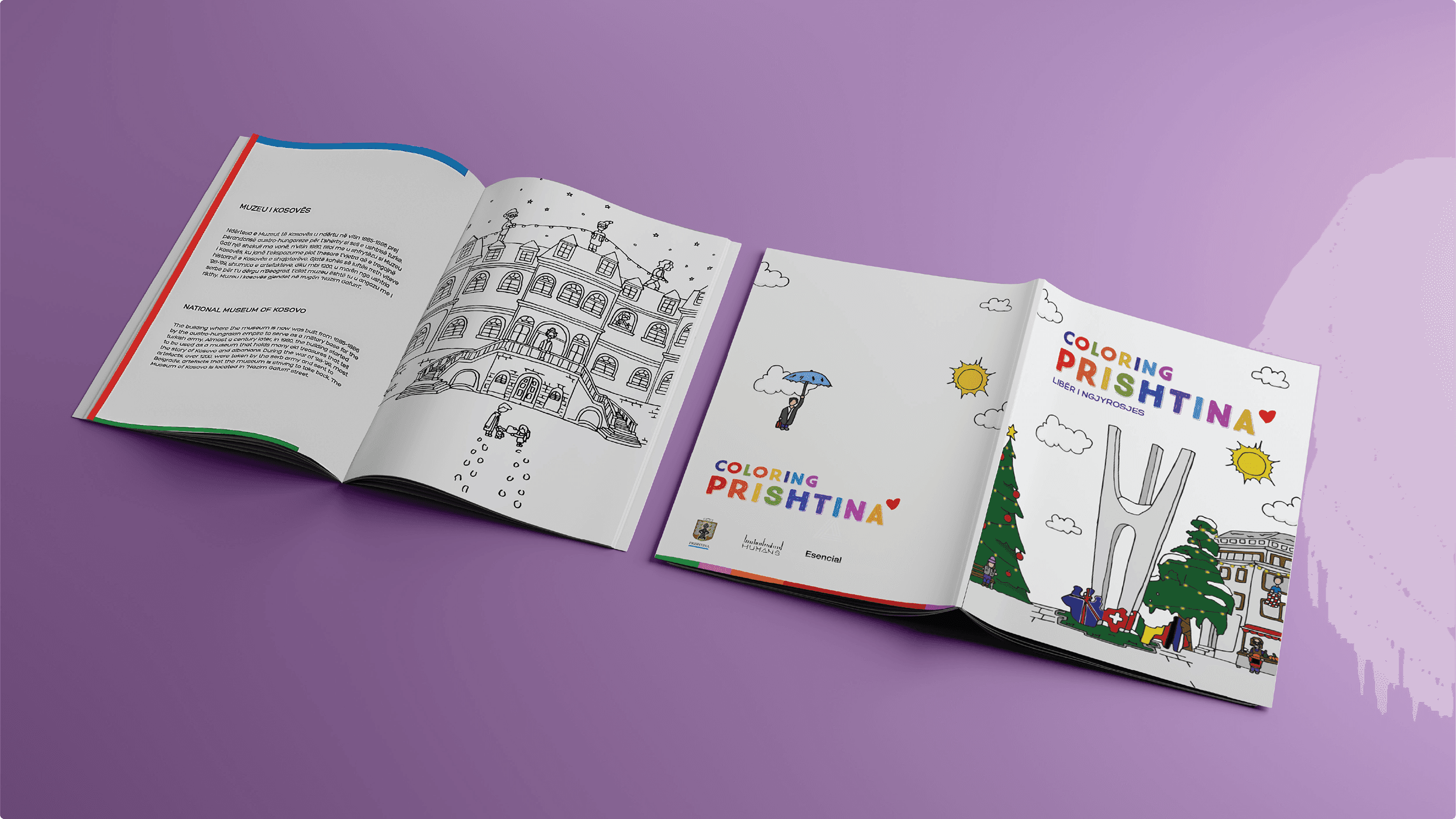 Two open spreads from 'Coloring Prishtina' shown side by side — an interior page featuring the National Museum of Kosovo as a detailed line illustration with bilingual Albanian and English text, alongside the book's cover featuring the Newborn monument.