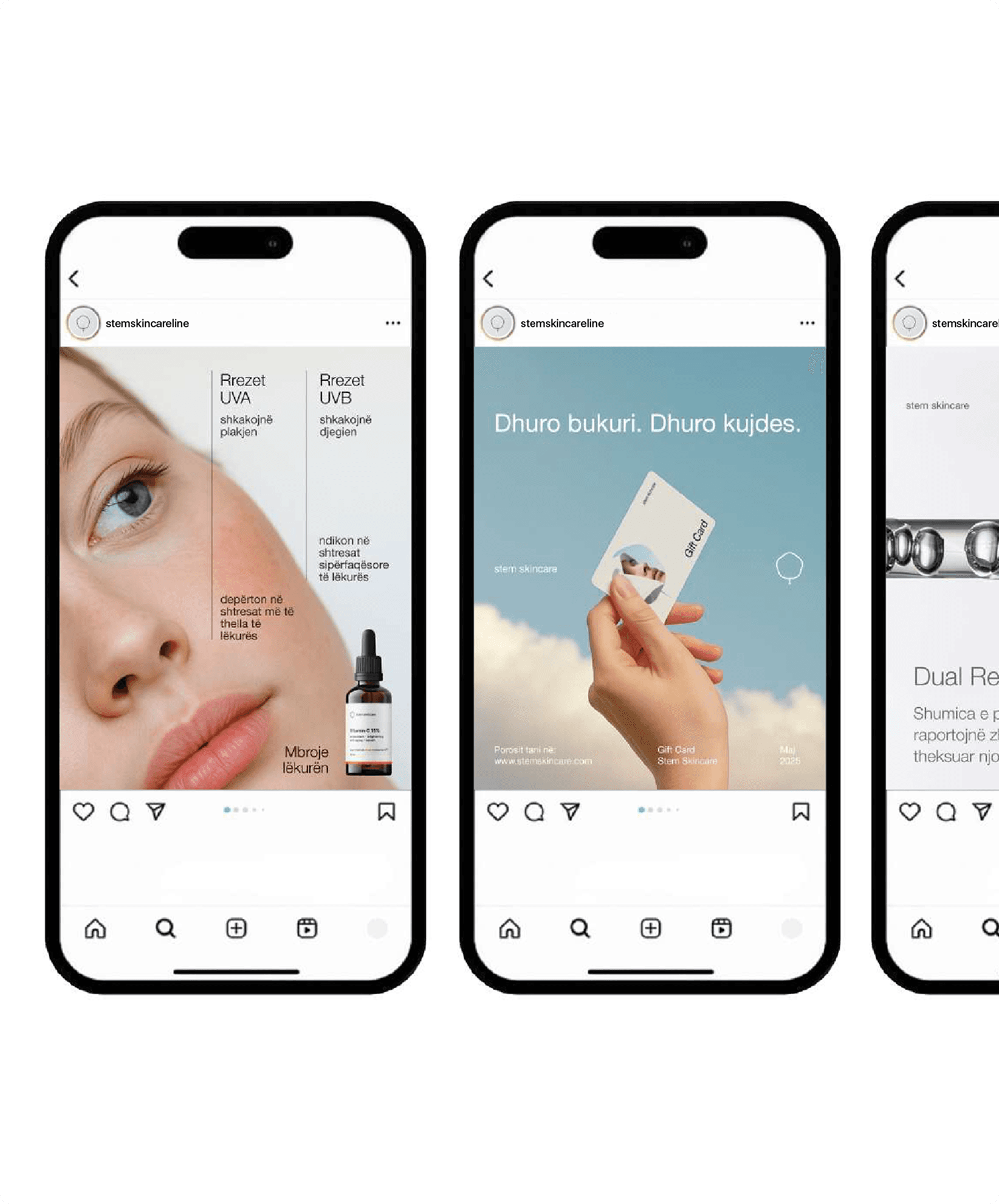 Three Instagram posts showing UVA/UVB protection education, gift card promotion, and dual ingredient combinations.