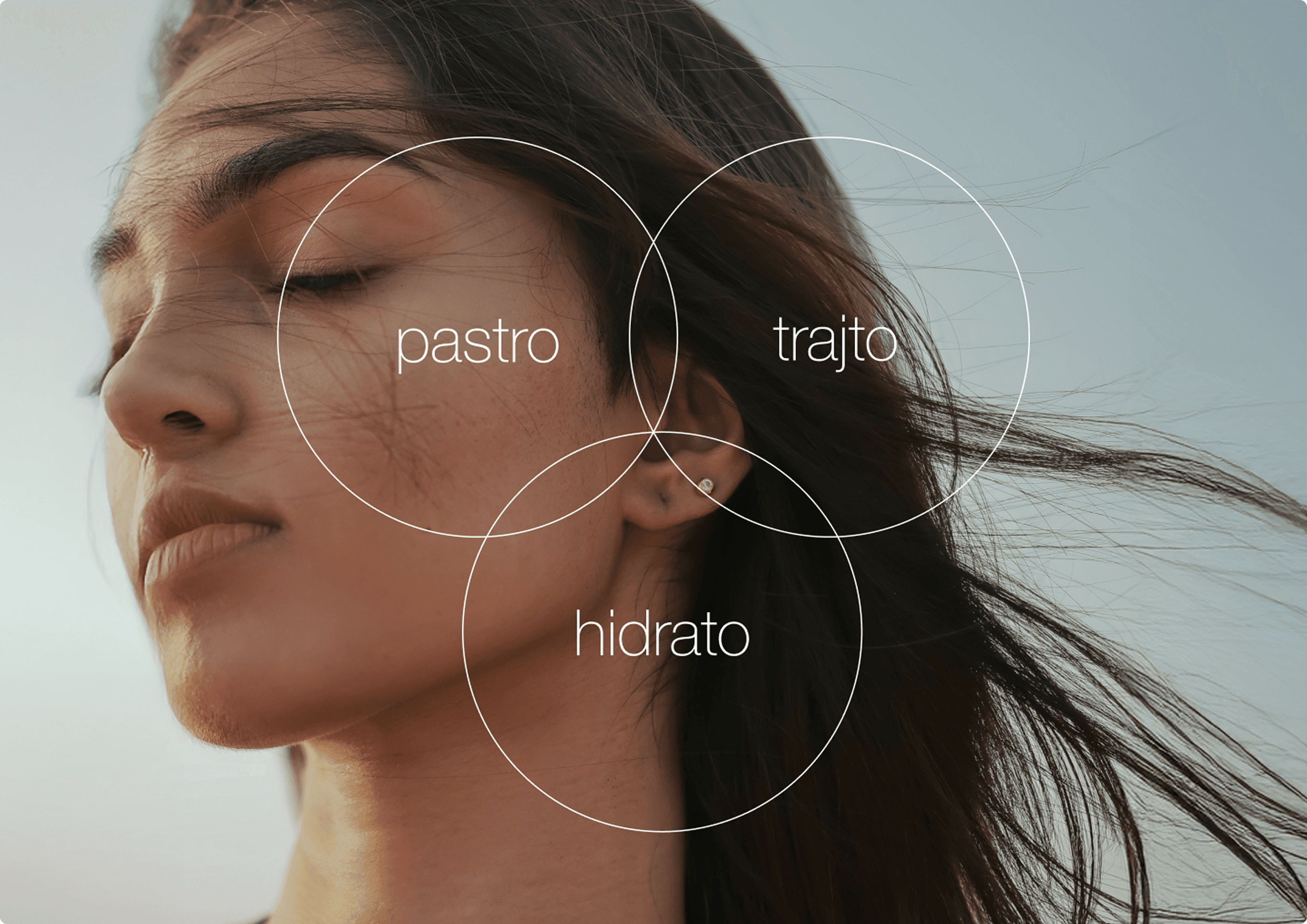 A close-up portrait of a woman with the Stem Skincare brand pillars overlaid as three intersecting circles: pastro, trajto, hidrato (cleanse, treat, hydrate).