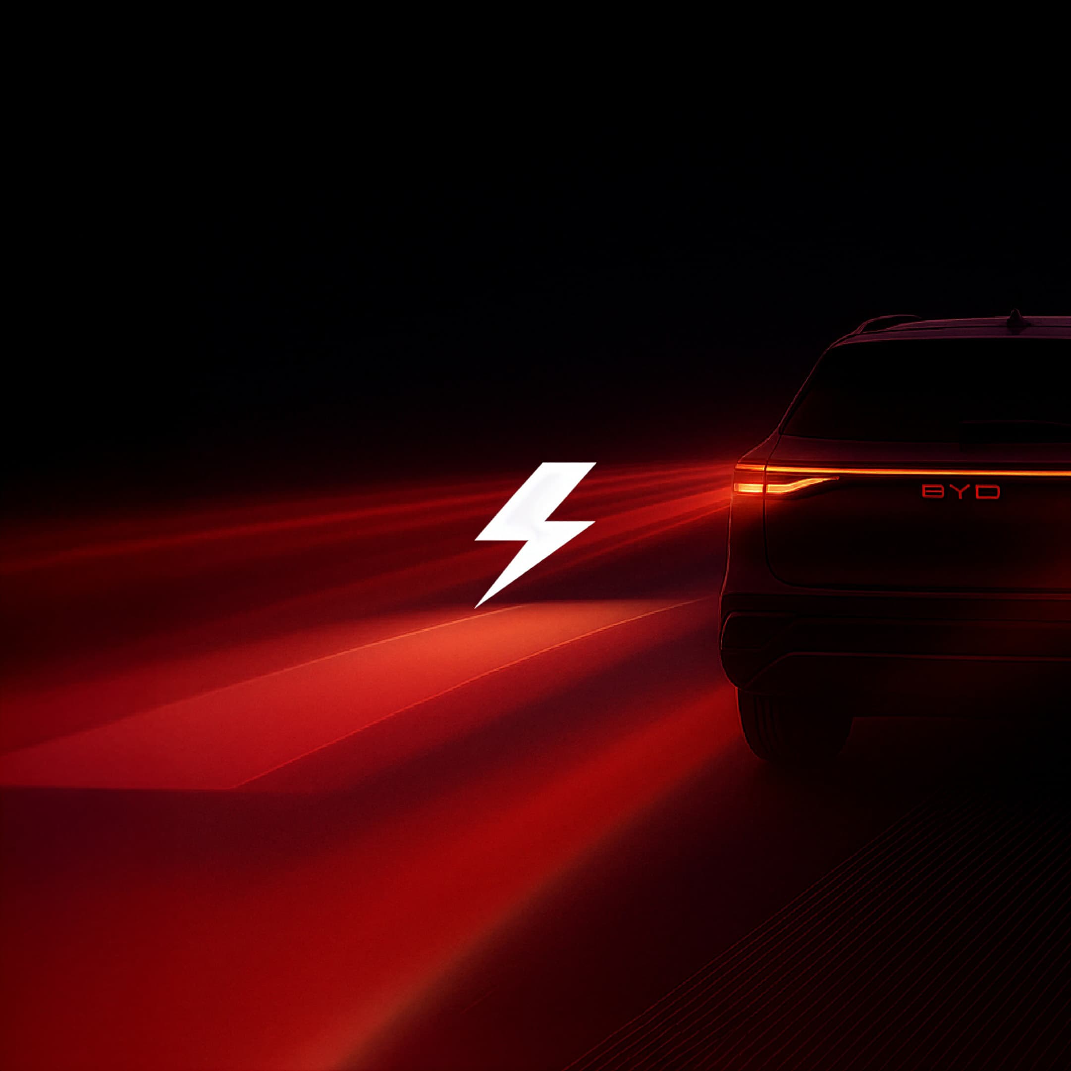 Taxi-Dallas-Launch-Kampagne — eine rote BYD-Limousine im Profil vor flachem rotem Hintergrund.