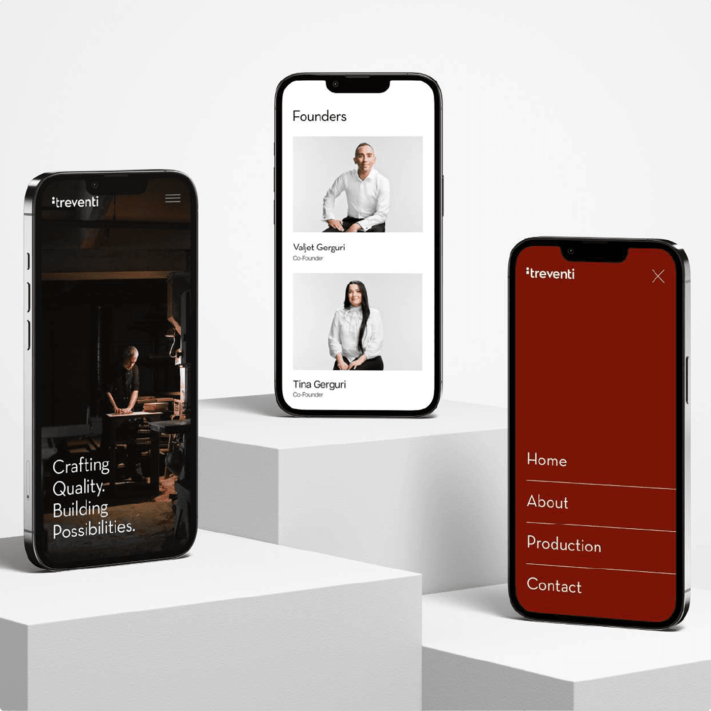 Treventi-Mobile-Erlebnis — Homepage, Gründerseite und rotes Navigationsmenü.