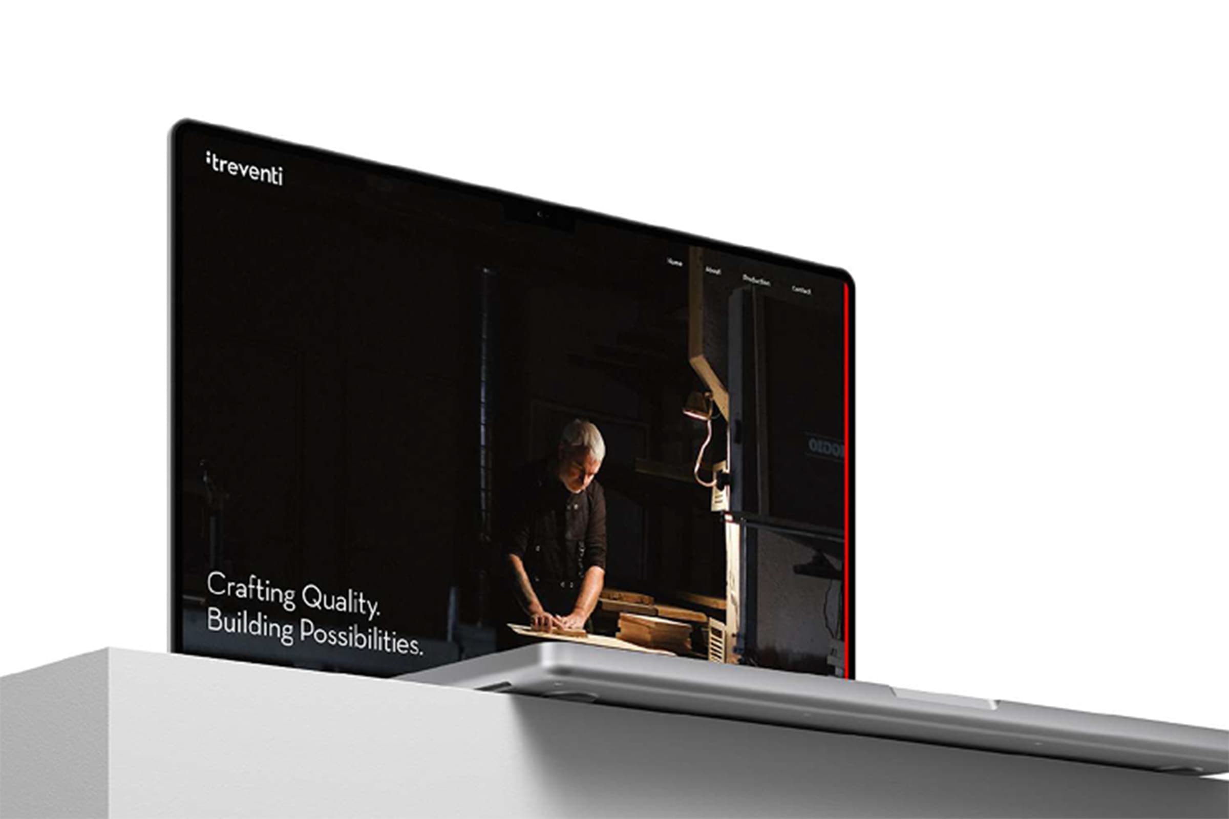 The Treventi website on a laptop showing the brand tagline 'Crafting Quality. Building Possibilities.' over a craftsman at work.