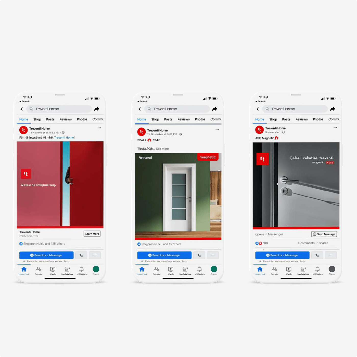 Ein Raster von Treventi-Social-Media-Beiträgen in Rot und Weiß, mit Lifestyle-Fotografie und Produktaufnahmen.