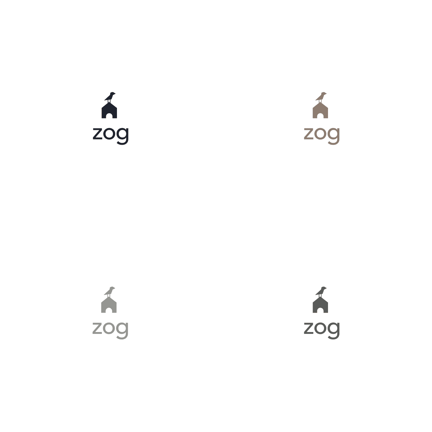 Vier Farbvarianten des ZOG-Logos — ein Vogel auf einem Bogen über der Wortmarke — als Quadrant in Marineblau, Taupe, Hellgrau und Anthrazit.