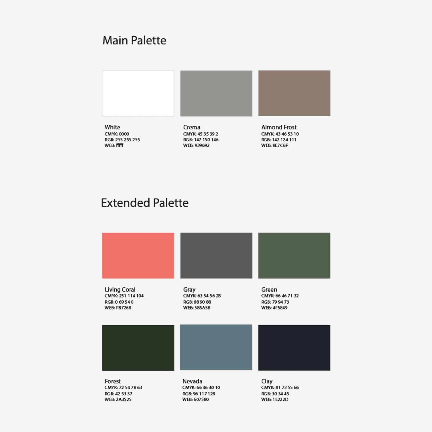 Das ZOG-Farbsystem — Hauptpalette mit White, Crema und Almond Frost; erweiterte Palette mit Living Coral, Gray, Green, Forest, Nevada und Clay, jeweils mit CMYK-, RGB- und Web-Werten.